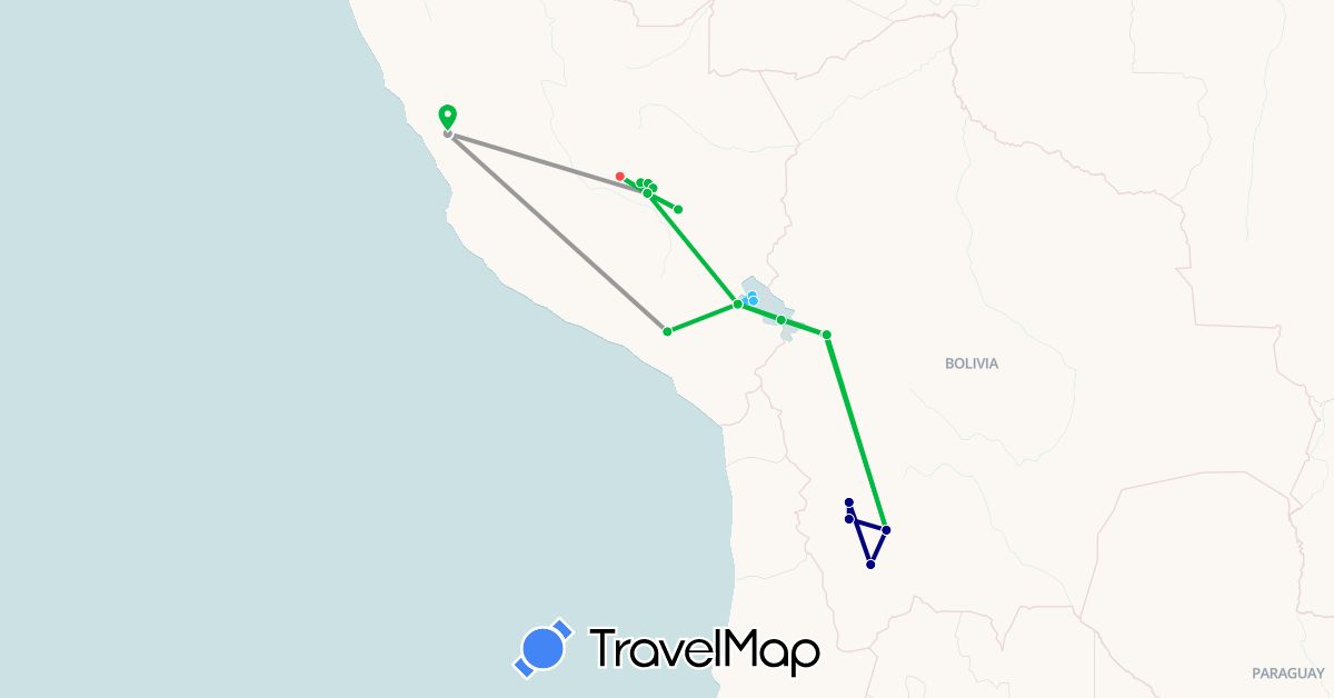 TravelMap itinerary: driving, bus, plane, hiking, boat in Bolivia, Peru (South America)